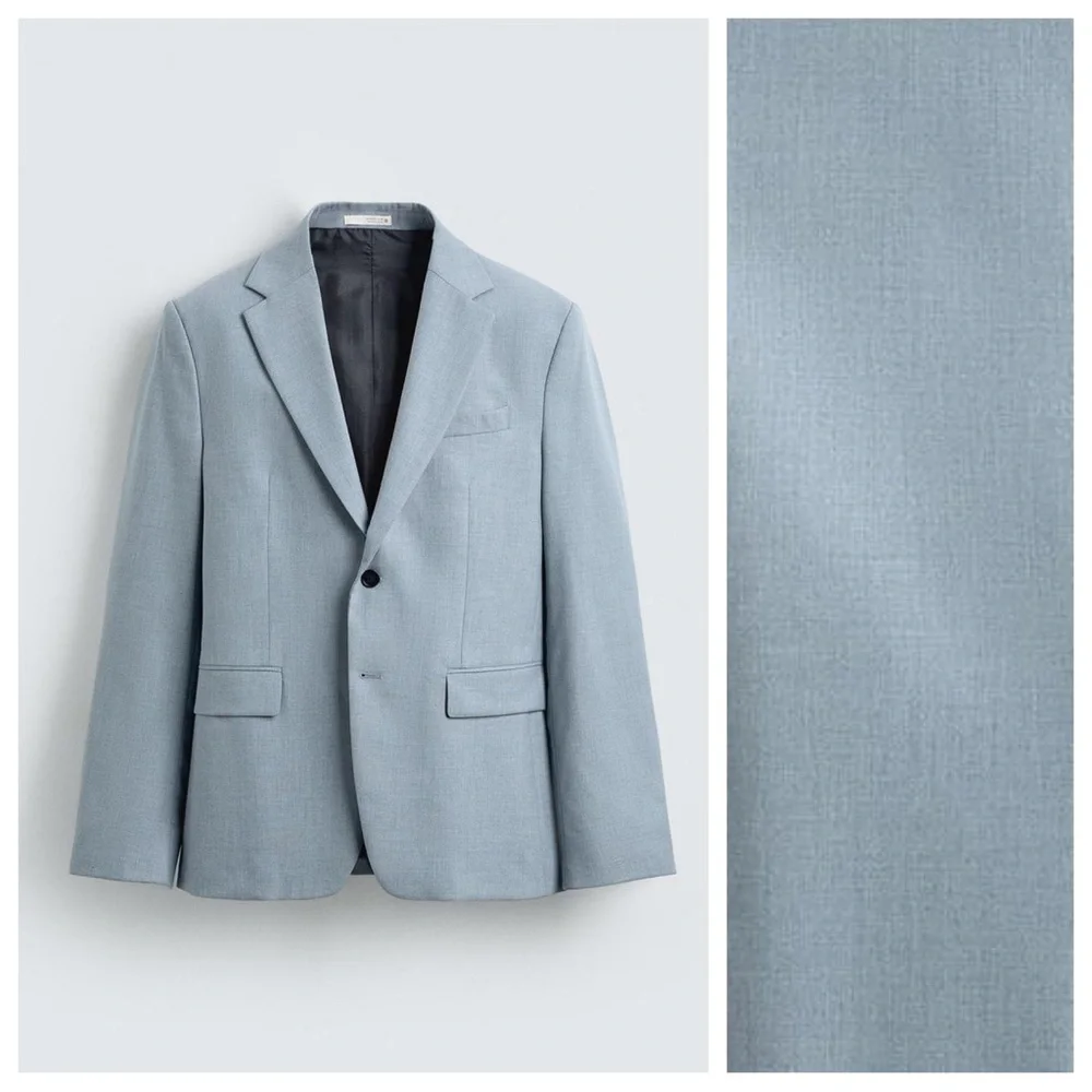 NWOT. Zara Man Sky Blue Viscose Blend Slim Fit Suit Blazer. Size 44.